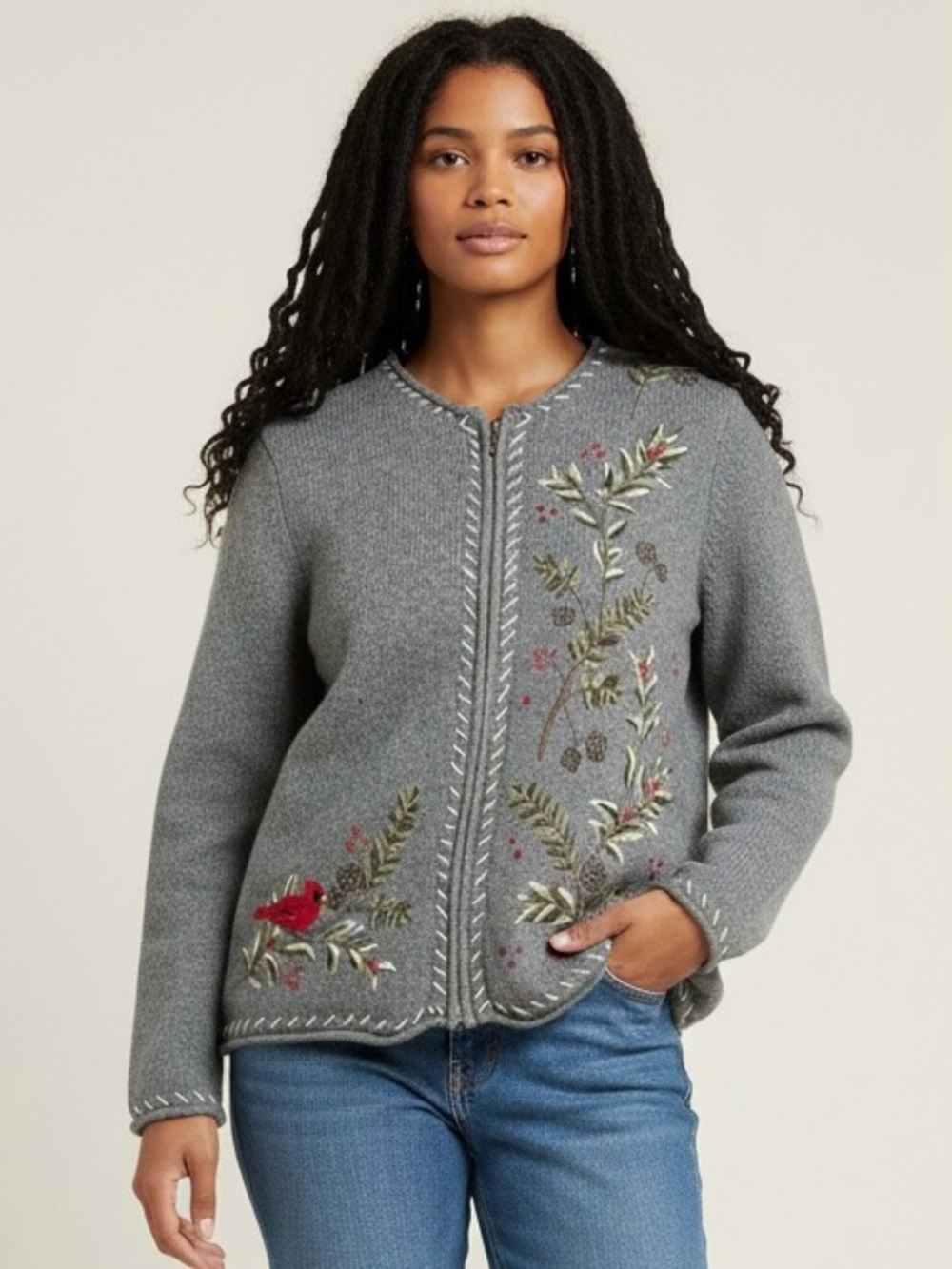 Ugly Christmas Sweater Embroidered Cardigan Gray Red Bird Floral Winter Sz XL